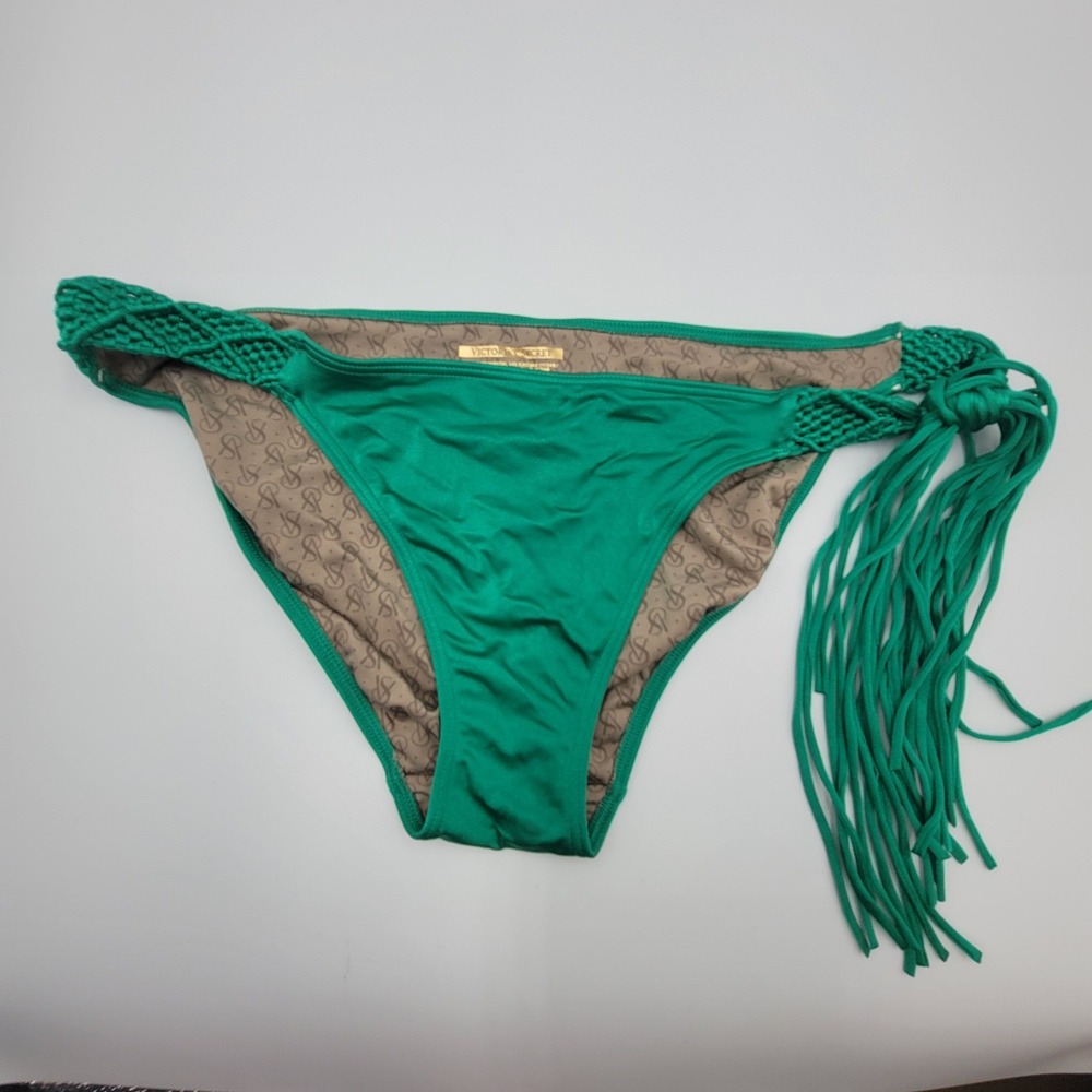 Victoria's Secret Boho Emerald Green Fringe Macrame Side Tie Bikini Bottom Large